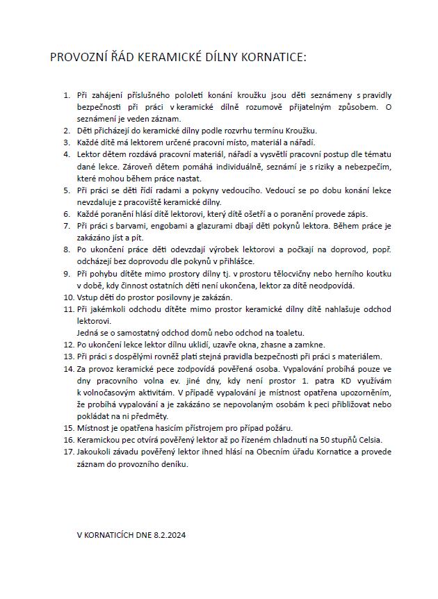 Provozní řád keramická dílna 2024
